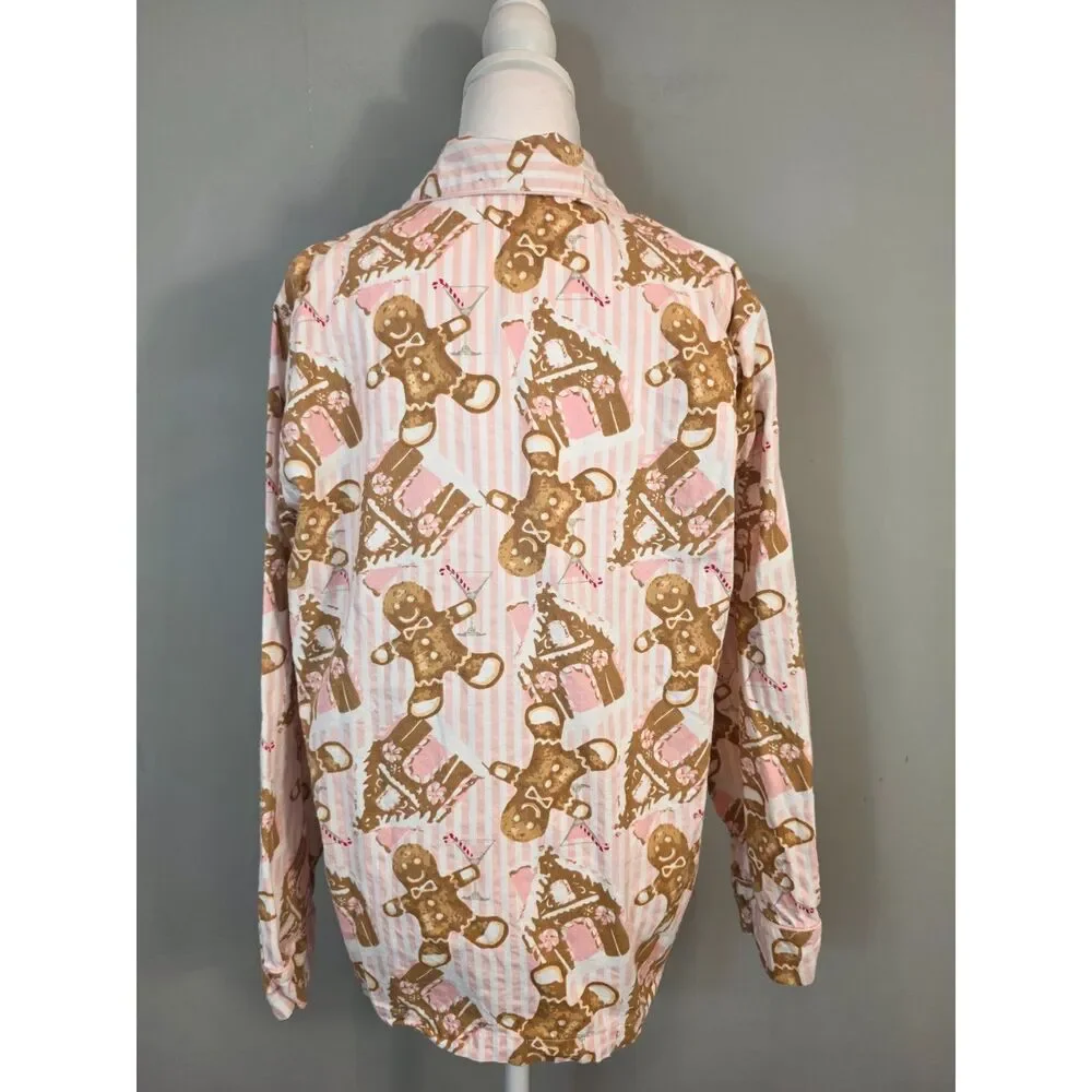 8 Oak Lane Women's Flannel Pajama Set Size M Pink Stripe Gingerbread House 2pc